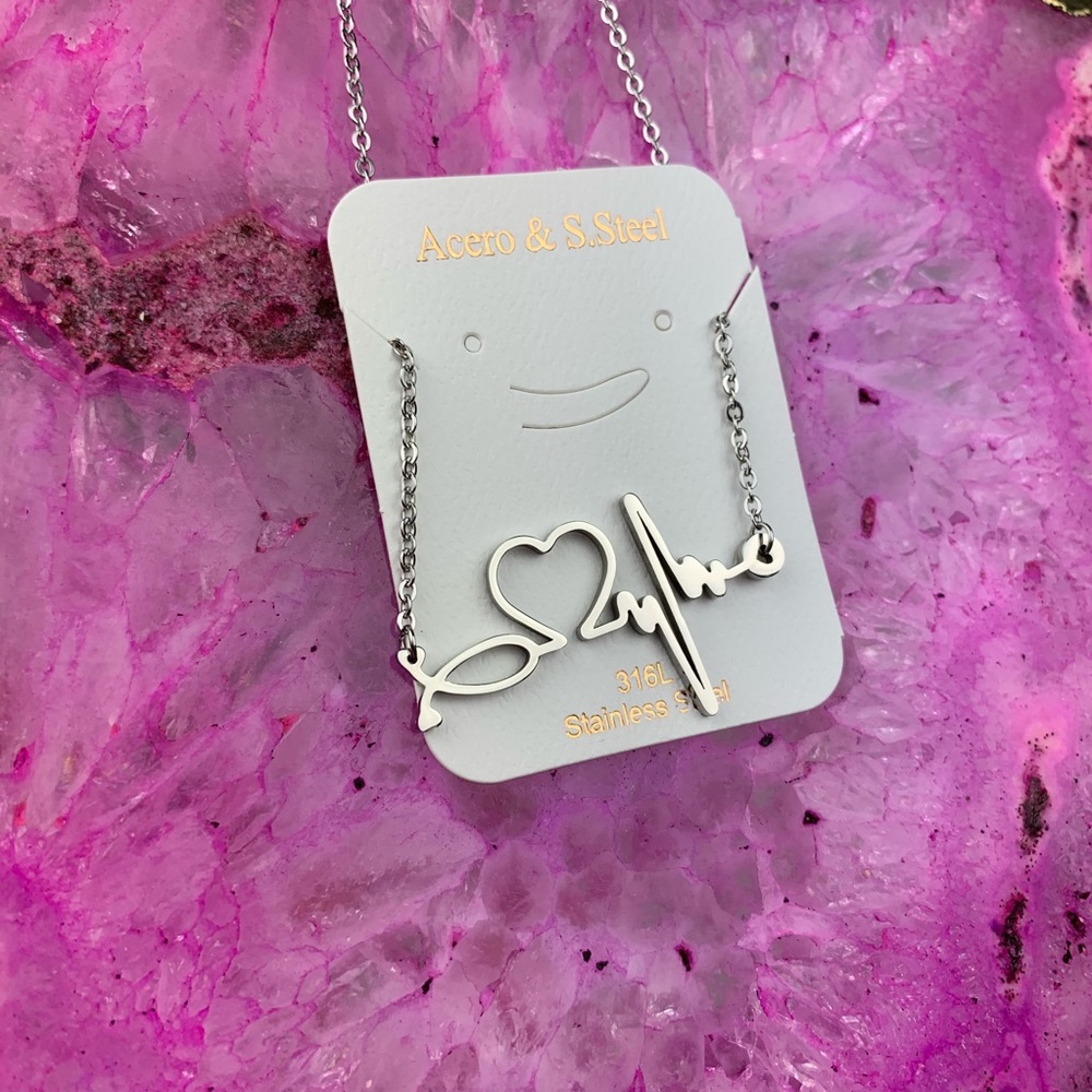 Heartbeat Stethoscope Heart EKG Stainless Nurse Bar Necklace Silver Rose Gold - Picture 12 of 15